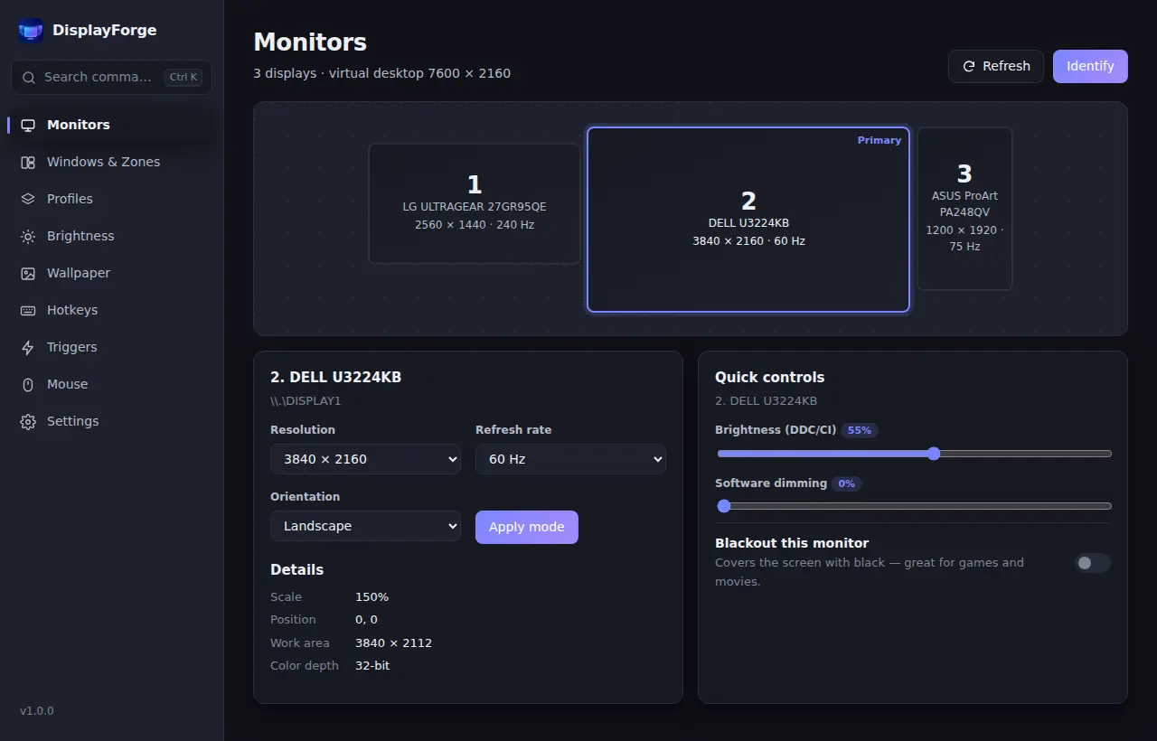 DisplayForge dashboard showing the monitor map and live display information