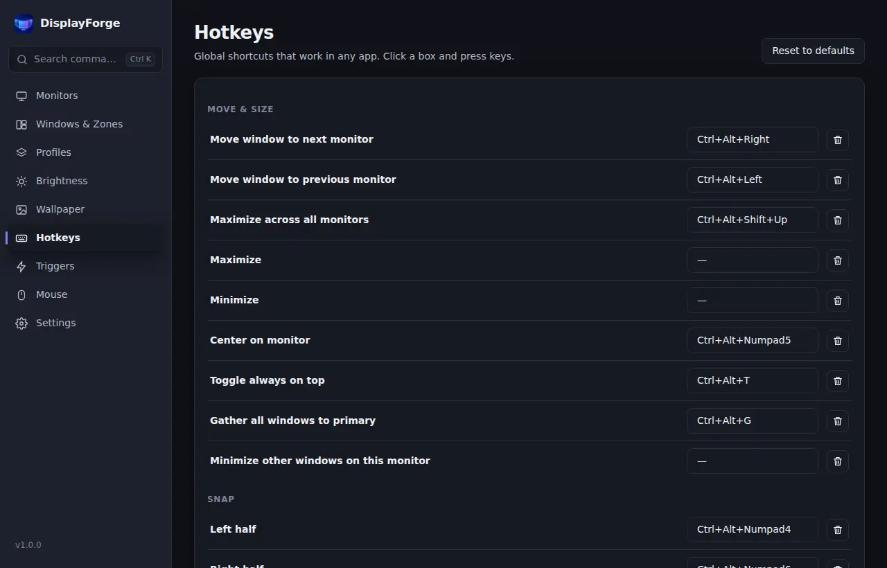 Hotkey settings listing global shortcuts for window and monitor actions
