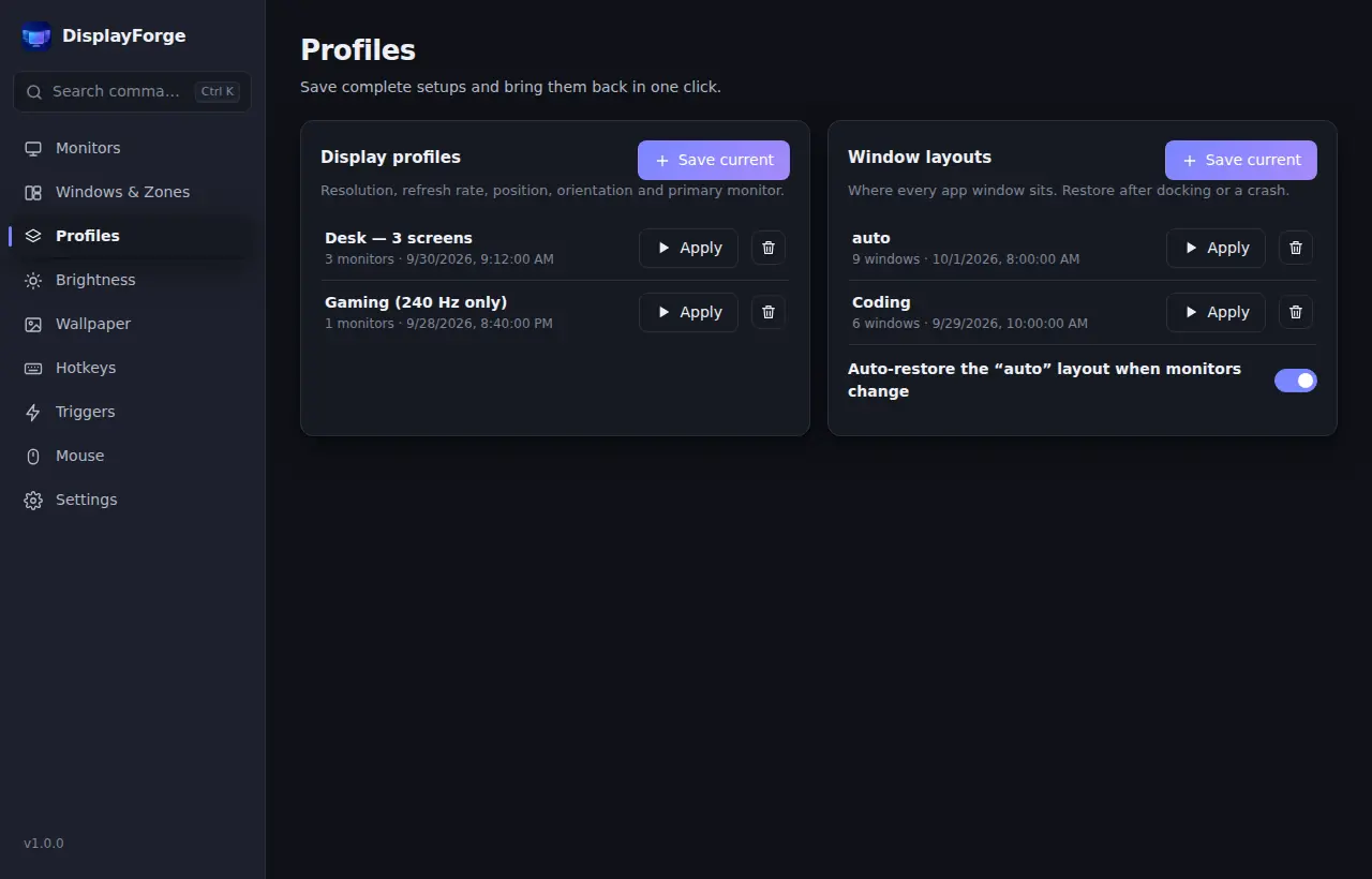 Profiles screen with saved display profiles, window layouts and the auto-restore switch
