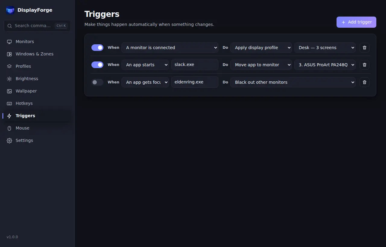 Triggers screen with rules such as applying a profile when a monitor is connected