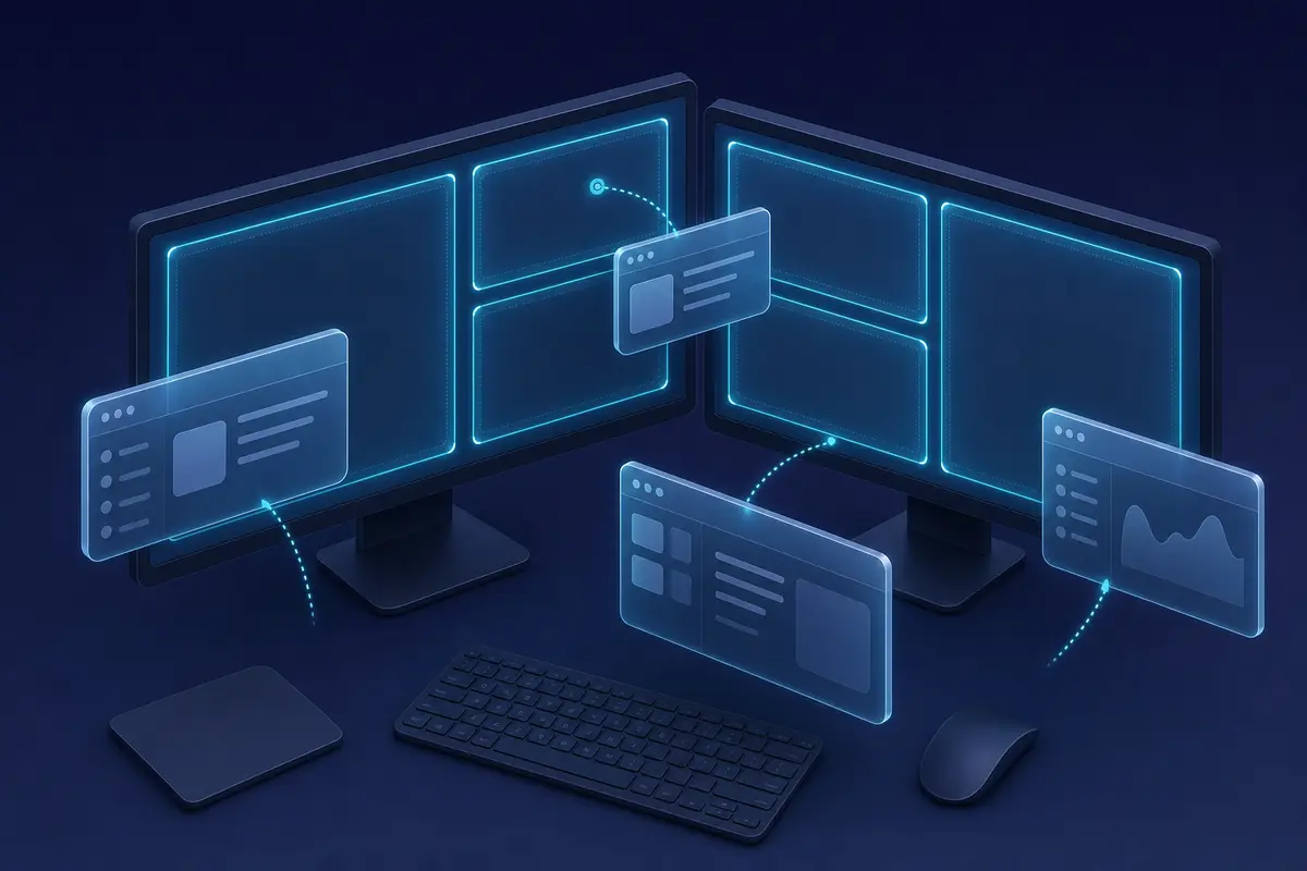 Illustration of windows snapping into zones across two monitors